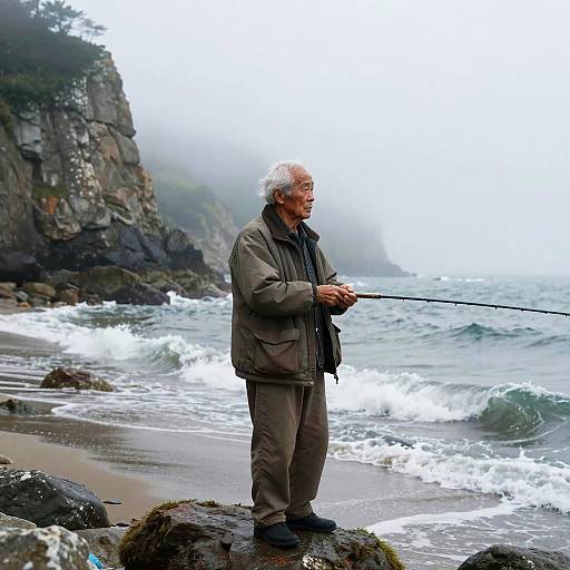 Elderly Asian Fisherman Fishing on Foggy Coastal Cliff