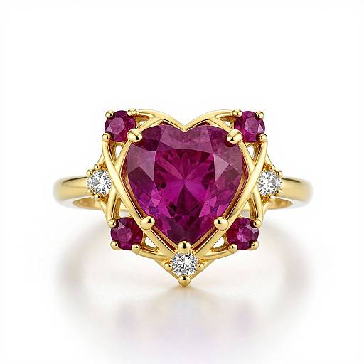 Photograph of a gold ring featuring a large, faceted purple gemstone at the center, surrounded by smaller purple and clear gems.