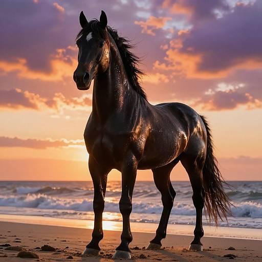 Photograph of a sleek, dark-maned black horse standing on a sandy beach at sunset, with vibrant orange and purple clouds reflecting in the ocean waves