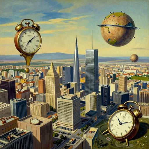 Digital artwork of a cityscape with floating clock towers and two giant, planet-like orbs in a blue sky. Skyscrapers in the foreground,