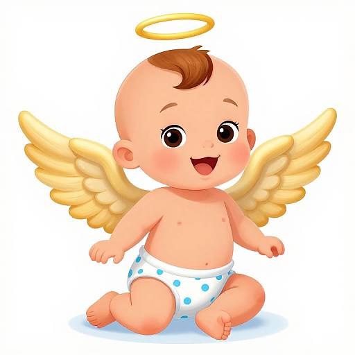 Digital illustration of a cute, chubby baby with brown hair, a golden halo, yellow wings, and a white diaper with blue polka dots, smiling