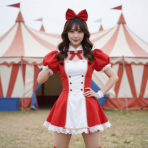 Asian woman in red and white cosplay dress with puffy sleeves, red bow, and lace trim, standing in front of circus tents. Photographic image
