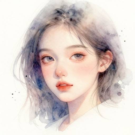 Watercolor portrait of a young Asian woman with fair skin, delicate features, soft gray eyes, and subtle pink lips, surrounded by a gentle, abstract