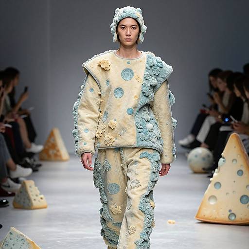 Photograph of a model in a surreal, textured, cheese-patterned outfit with large blue and white pom-poms, walking on a cheese-themed runway