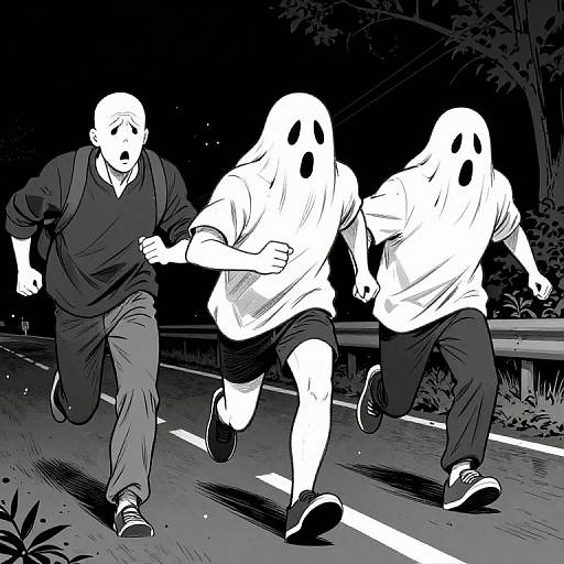 Black-and-white digital drawing of a bald man running alongside three ghostly figures in white shirts and pants, on a dark, deserted road at night.