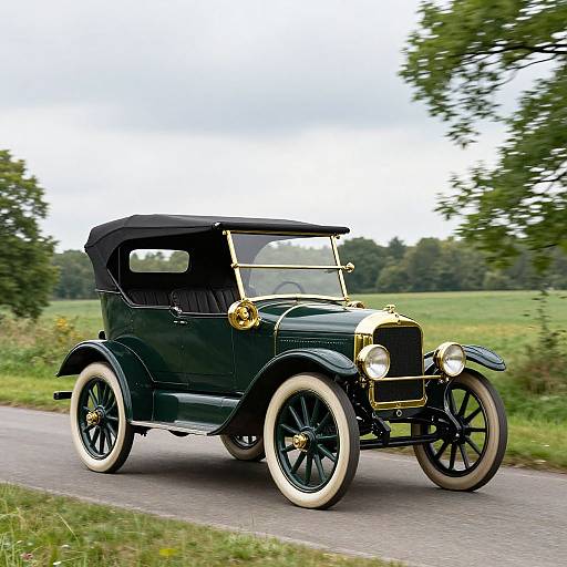 Photograph of a vintage, dark green classic car with black roof and white-walled tires, driving on a rural road with lush greenery in the