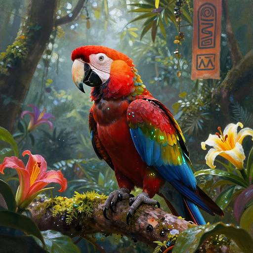 Majestic Crimson Macaw in Tropical Rainforest