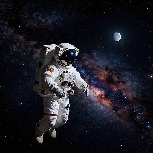 Photorealistic CGI of an astronaut in a white spacesuit with a black visor, floating in space, facing a moonlit galaxy.