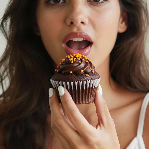 Photograph of a woman with long brown hair, open mouth, holding a chocolate cupcake with orange sprinkles, white nails, and white tank top