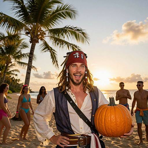 Photograph of a bearded man in pirate attire holding a pumpkin on a sunny beach, palm trees in background, people in swimsuits around.