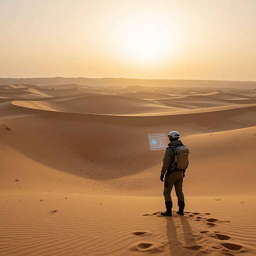 Photograph: Silhouetted astronaut in desert, wearing helmet and backpack, stands on rippled sand dunes under bright, glowing sun. H