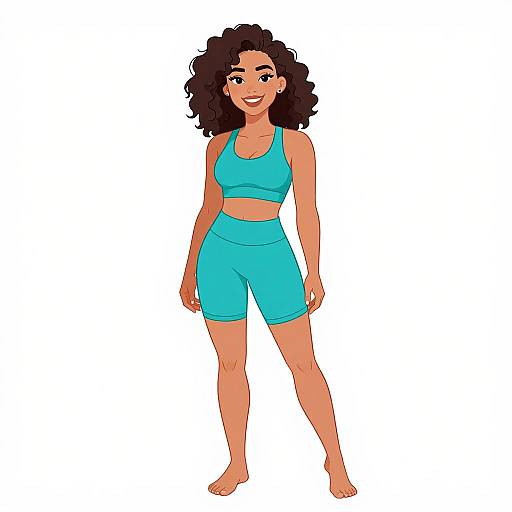 Cartoon-style illustration of a smiling, dark-skinned woman with curly black hair, wearing a turquoise sports bra and matching shorts, standing barefoot against