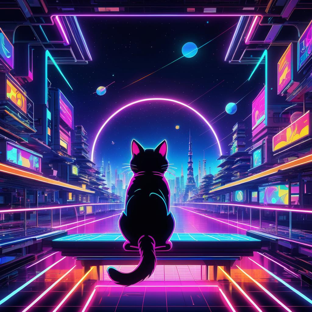 Cosmic Cat at Futuristic Tokyo Pier