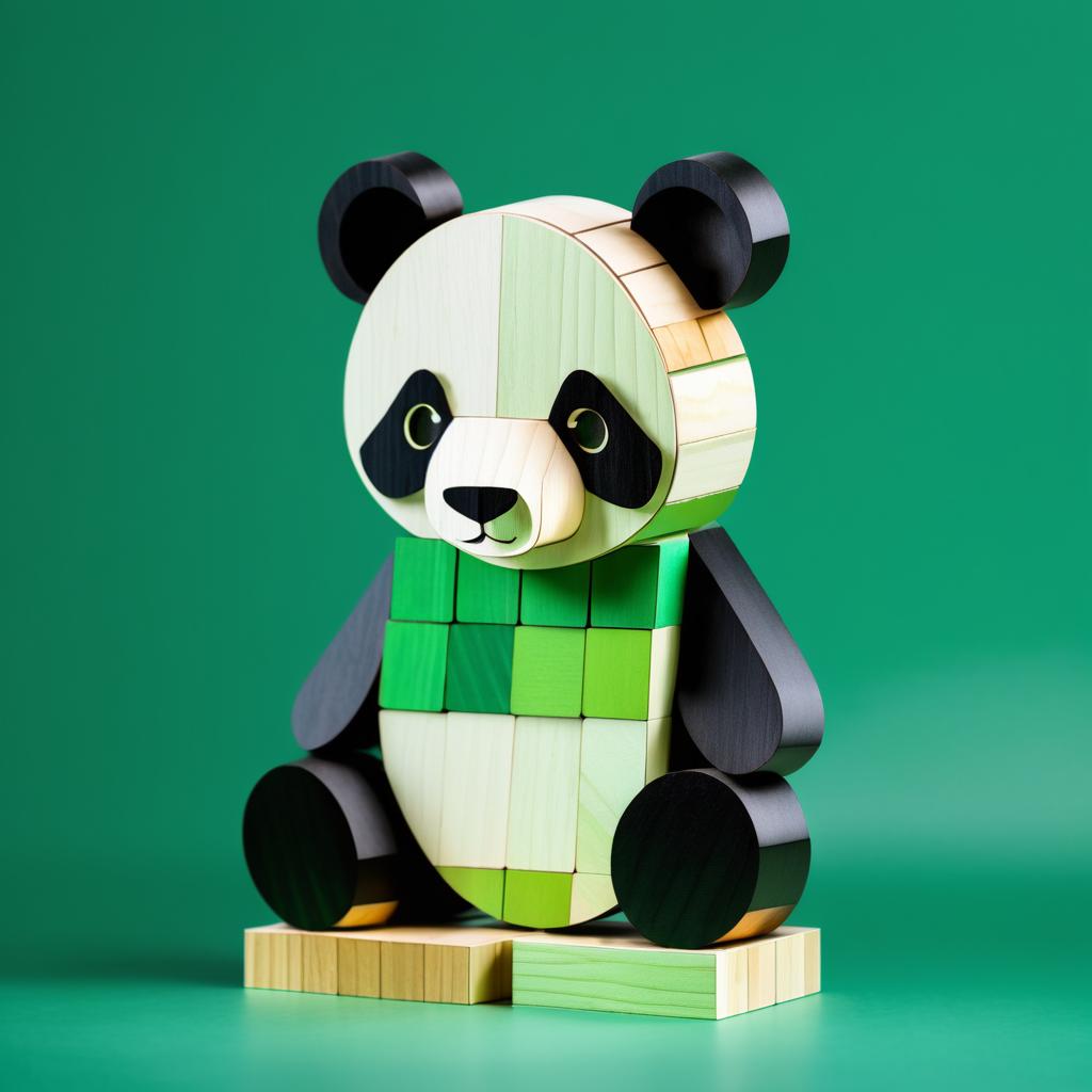 Wooden Block Panda on Emerald Background