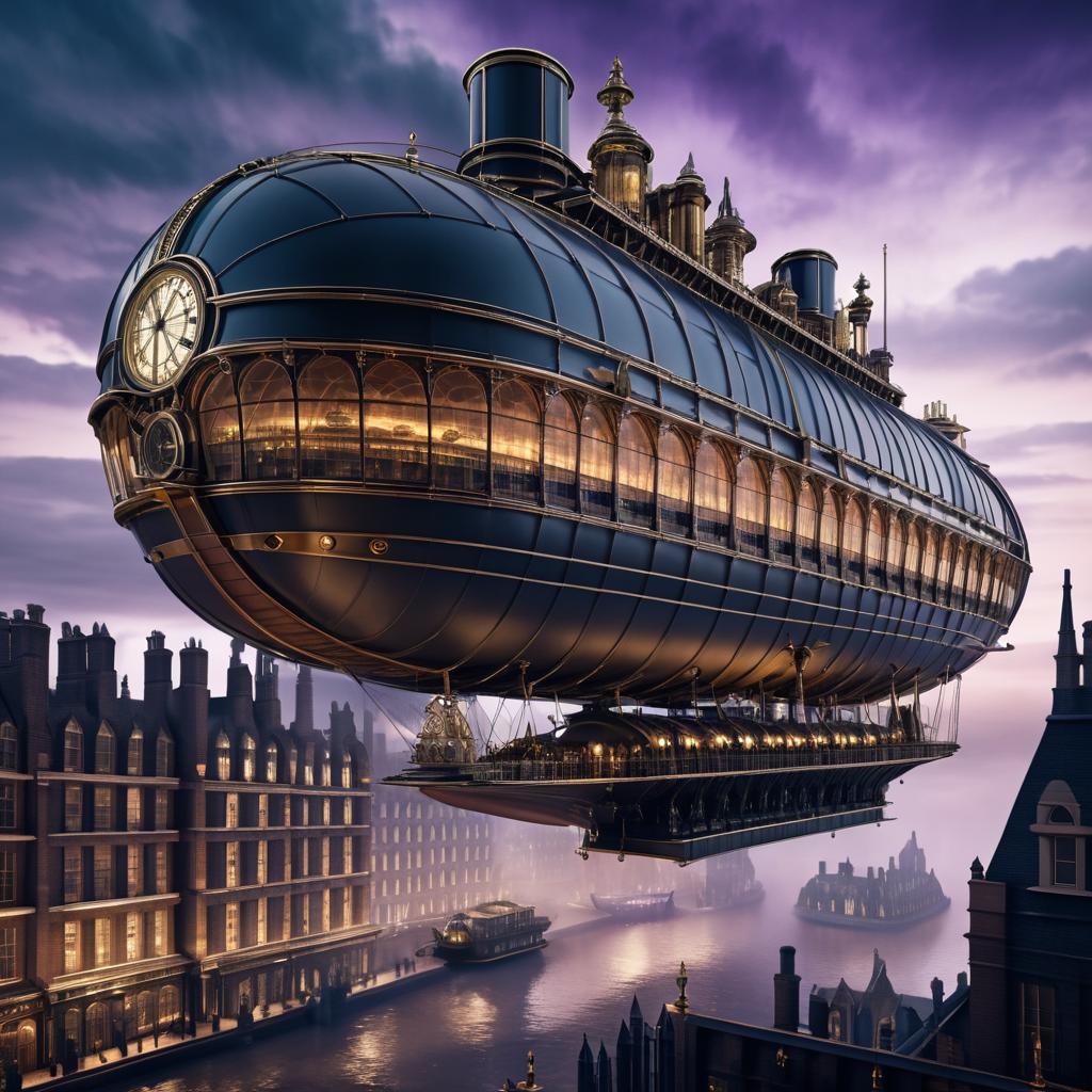 Steampunk Airship in Twilight London