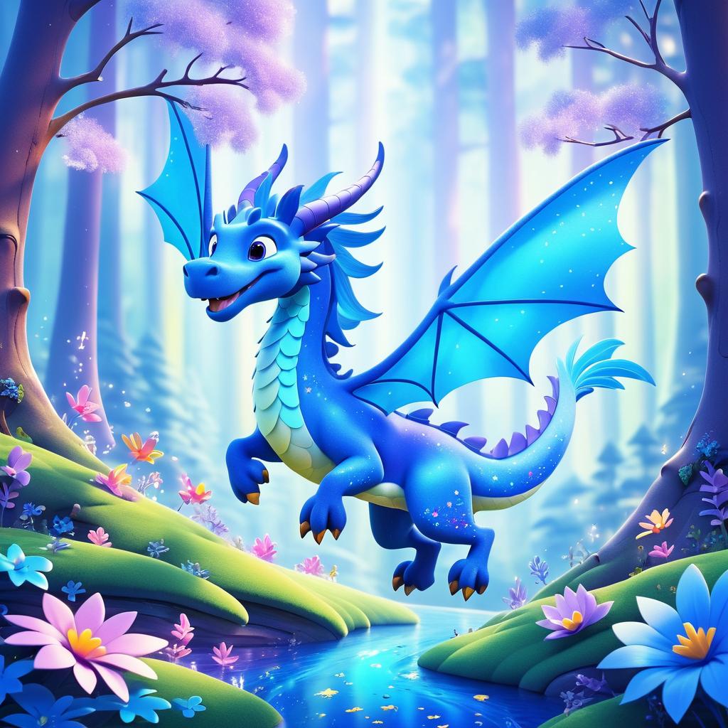 Cheerful Blue Dragon in Magical Forest