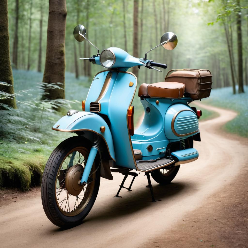 Pastel Blue Moped on Forest Path