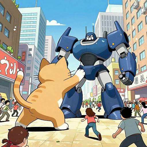 Digital anime-style drawing: Giant blue robot in city square, being punched by orange cat, while children and adults watch in shock.