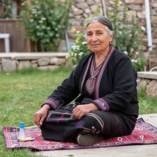 Photograph of an elderly Asian woman with gray hair, wearing traditional black embroidered clothing, sitting cross-legged on a colorful rug in a grassy garden.