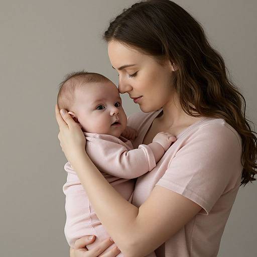 Photograph of a white woman with long brown hair, wearing a pale pink shirt, gently holding and gazing at her crying baby, also in a