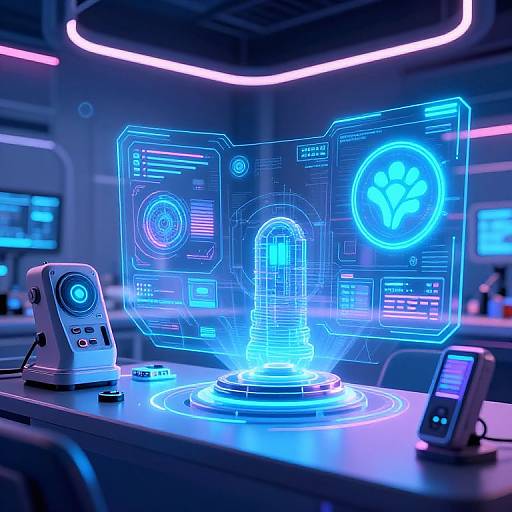 Photograph of a futuristic biometric scanning station with glowing blue holographic displays, neon lights, and advanced technology devices.