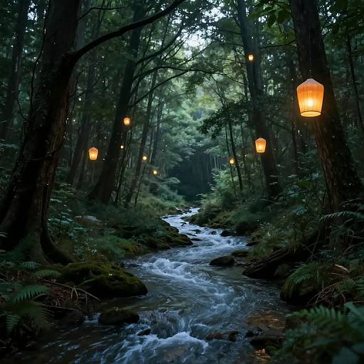 Dreamlike Forest with Floating Lanterns and River