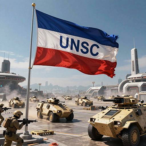 Halo UNSC Flag Over Futuristic Battlefield