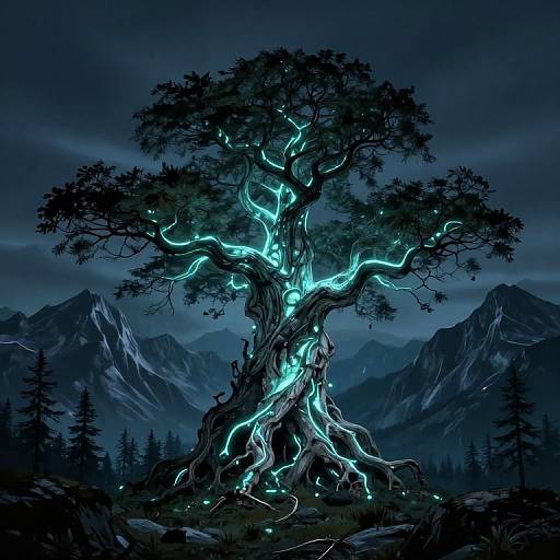 Digital artwork of a glowing, bioluminescent tree with vibrant blue veins in a dark, moonlit forest mountain landscape.