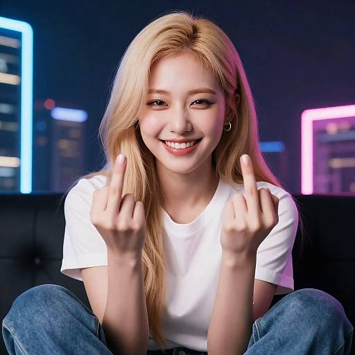 Photograph of a smiling young Asian woman with long blonde hair, wearing a white t-shirt and blue jeans, sitting cross-legged, flashing dual peace signs