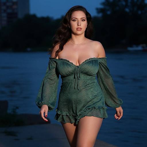 Photograph of a confident brunette woman with long hair, wearing an off-shoulder, green, semi-sheer dress, walking on a dim