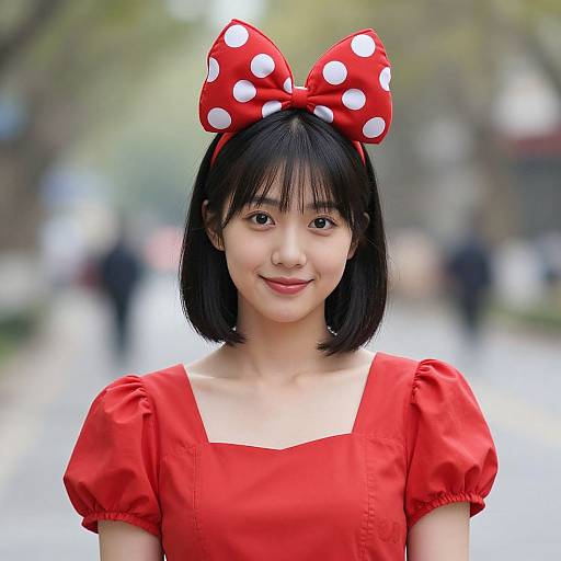 Photograph of an Asian woman with black bob hair, wearing a red polka dot bow headband, and a red puffed-sleeve dress