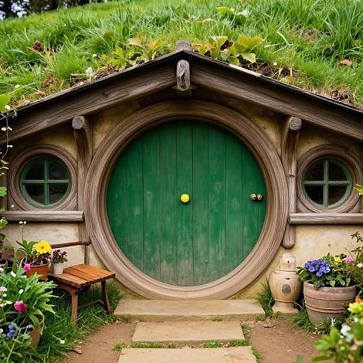 Photograph of a quaint, green, round wooden hobbit door with grass roof, circular windows, surrounded by colorful flowers and potted plants.