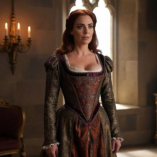 Photograph of a red-haired woman in a Renaissance-style, embroidered dress with puffed sleeves, standing in a dimly lit, medieval stone room with