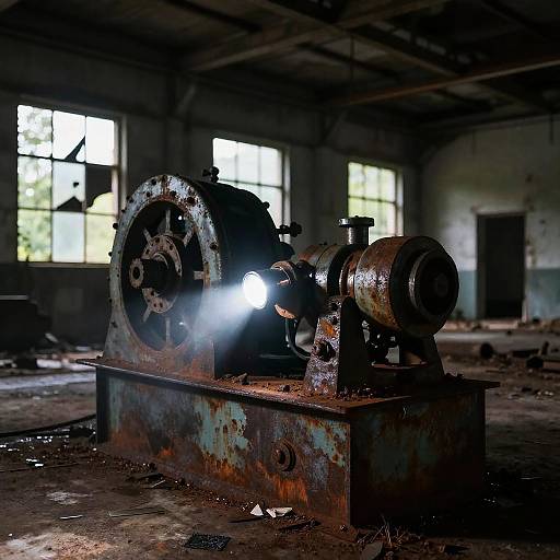 Photograph of a rusted industrial machine with glowing light in a dilapidated, darkened warehouse, large broken windows in background.