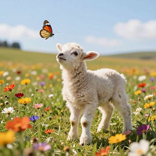 Photograph of a fluffy white lamb standing in a vibrant meadow, gazing at a colorful butterfly amidst blooming flowers.
