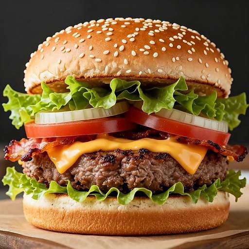 Photograph of a juicy cheeseburger with sesame seed bun, lettuce, tomato, onion, melted cheese, and crispy bacon on a wooden surface.