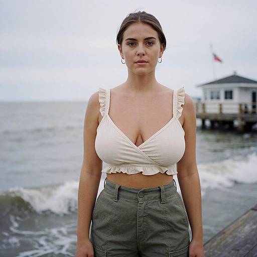Photograph of a serious-looking woman with fair skin, brown hair, large breasts, wearing a white ruffled crop top and high-waisted olive