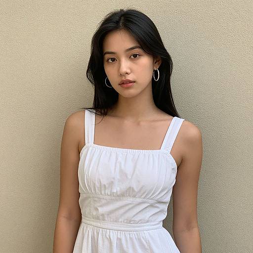 Photograph of an Asian woman with long black hair, wearing a white sleeveless dress and silver hoop earrings, standing against a beige textured wall.