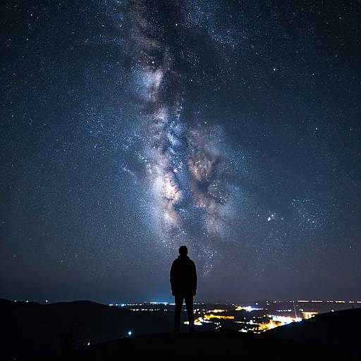 Silhouetted person stands in darkness, gazing at the vibrant Milky Way galaxy, dotted with stars, over a distant, illuminated landscape. Photograph