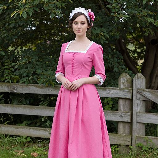 Photograph of a fair-skinned woman with brown hair in a pink 18th-century-style dress, white lace trim, and floral headpiece,