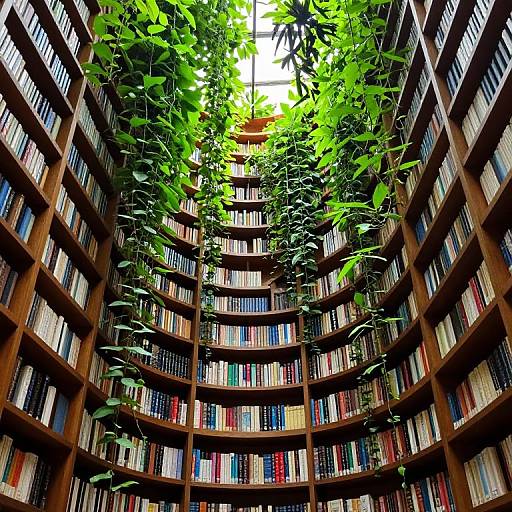 Photograph of a circular wooden library with shelves of colorful books, lush green vines hanging from the ceiling.