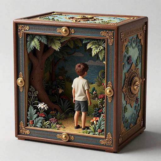 Boy Standing Inside Ornate Decorative Box