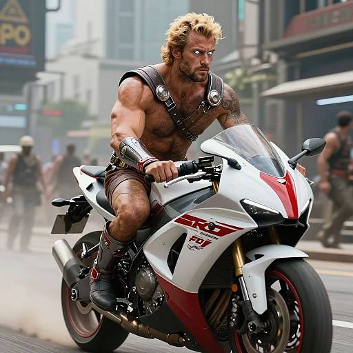 Muscular, shirtless man with blonde hair and tattoos rides a white and red sports motorcycle through a bustling urban street. CGI image.