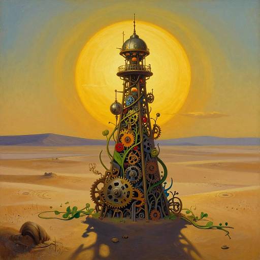 Digital art of a steampunk lighthouse with gears, vines, and a dome, illuminated by a large, glowing sun in a desert landscape.
