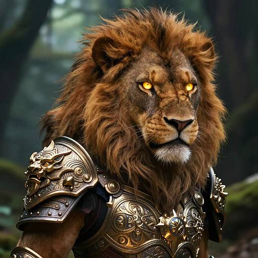 Photorealistic CGI of a fierce lion warrior with glowing yellow eyes, wearing ornate, metallic armor in a lush forest.