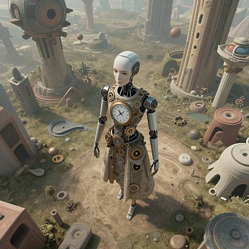 Digital artwork of a futuristic, humanoid robot with clock gears and mechanical details, standing in a steampunk, sci-fi landscape with tall, cylindrical structures