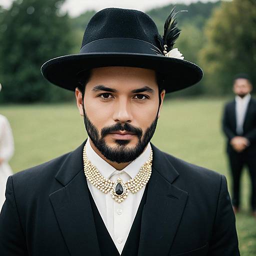 Man in Traditional Wedding Attire with Black Hat and Jewelry