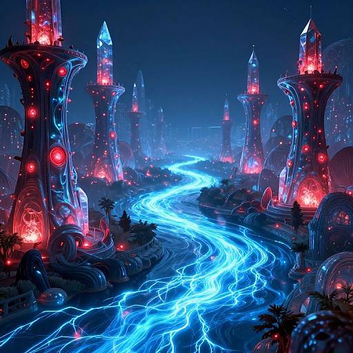 Digital artwork of a futuristic, neon-lit landscape with glowing blue river winding through towering, red and blue crystalline spires under a dark night sky