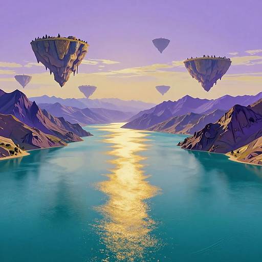 Digital fantasy artwork of a serene, mountainous valley with a shimmering blue river reflecting sunlight. Floating islands with small structures hover above, surrounded by distant
