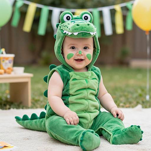 Photograph of a smiling baby in a green dinosaur onesie with a hood, sitting on grass at an outdoor party, decorated with colorful balloons and b